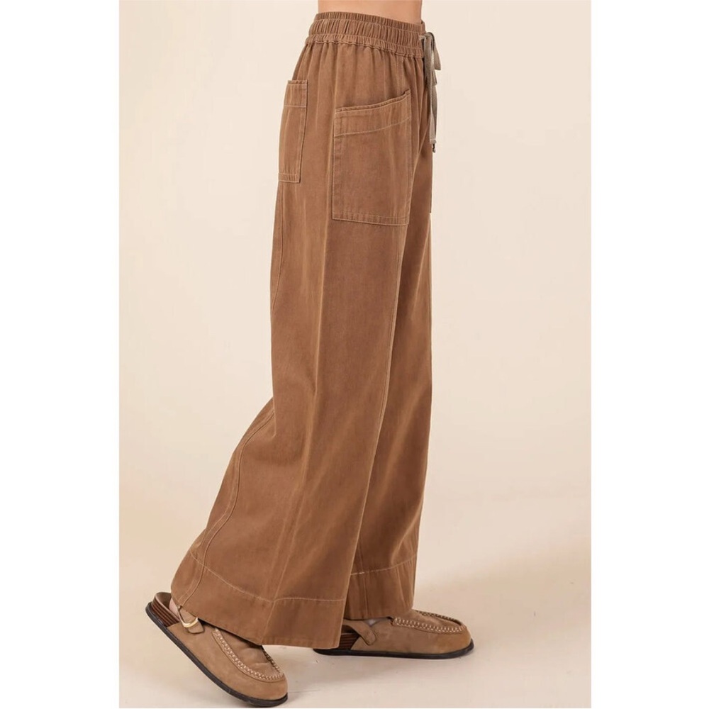 FINAL SALE 🎈🎈Mittoshop Mineral Wash Wide Leg Elastic Waist Twill Pants - Picture 2 of 13